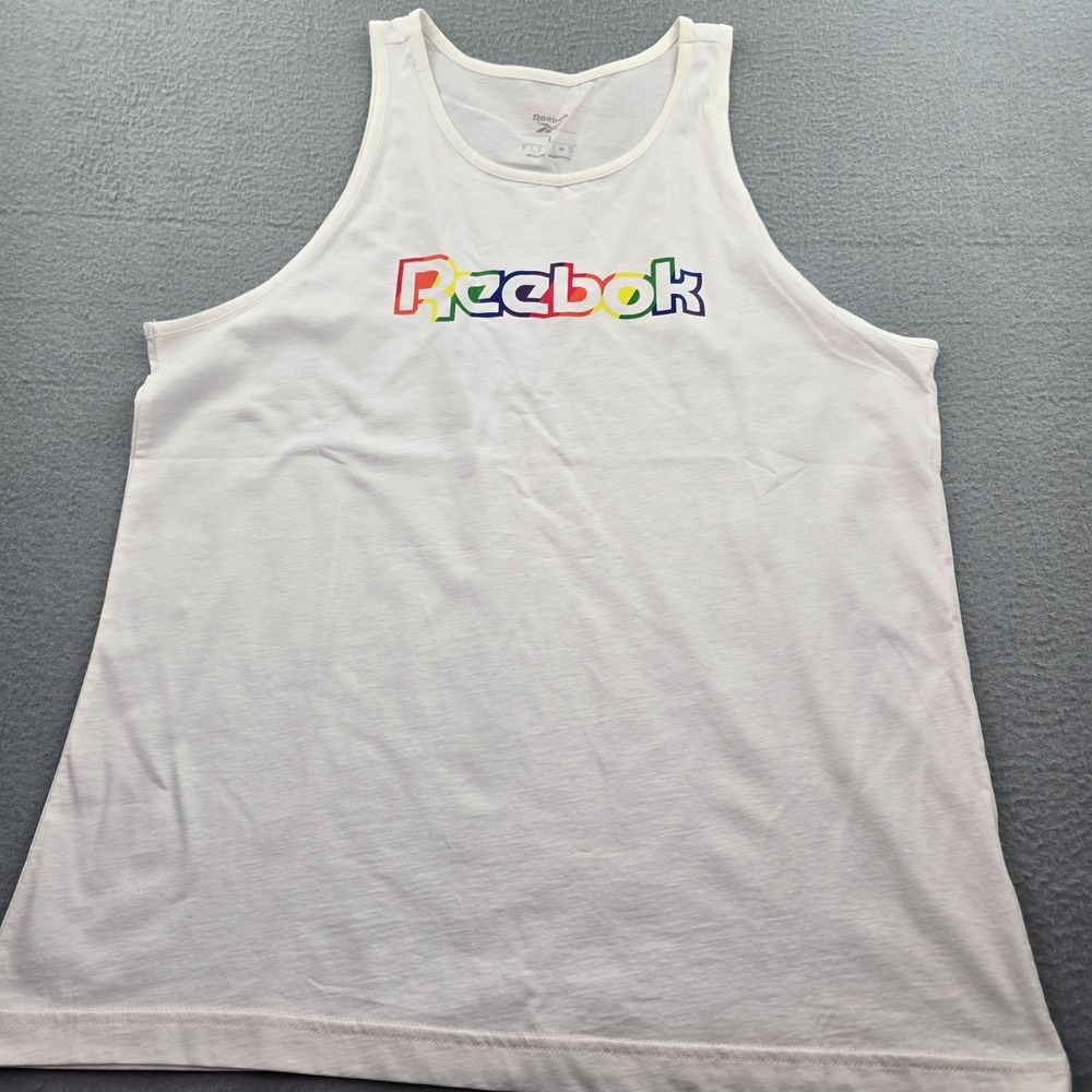 Reebok Tank Top Men's L White Rainbow Chest Logo Sleeveless Round Neck Pullover